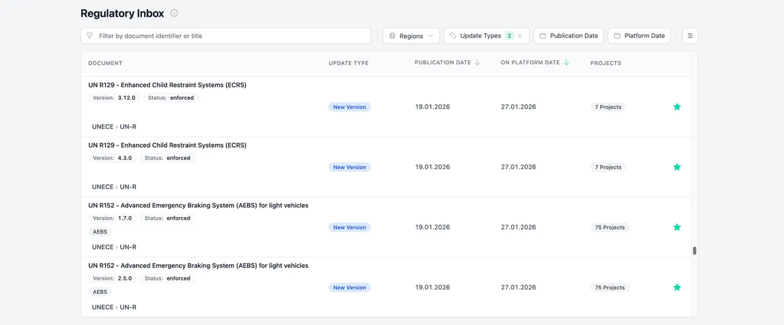 Regulatory Inbox interface showing document list, update types, and project impact