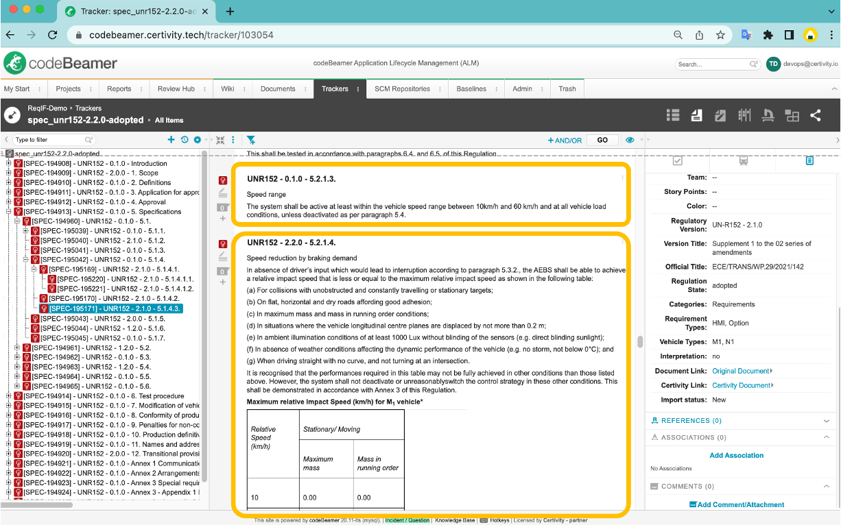codeBeamer ALM showing Certivity export and delta updates